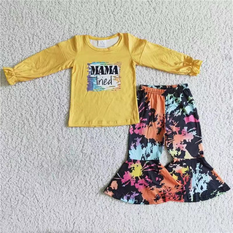 6 A22-15 mama tried letters yellow colorful long sleeve bell bottom girl outfits 20230623 RTS