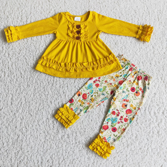 6 A24-1 promotion RTS yellow ruffle  sleeve  flower  pants winter fall girl outfit