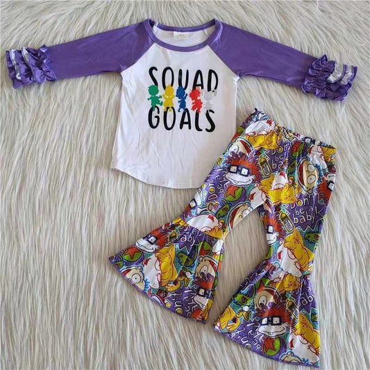 Promotion 6 A25-5 Purple flare sleeve orange pumpkin cartoon dog bell bottom pants girl outfit 20230628 RTS