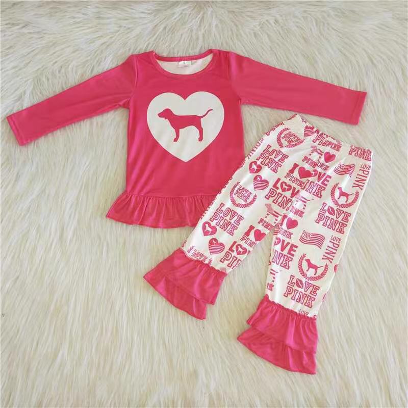 promotion  6 A26-13 letters love pink raglan dog long sleeve bell bottom pant girl outfit RTS