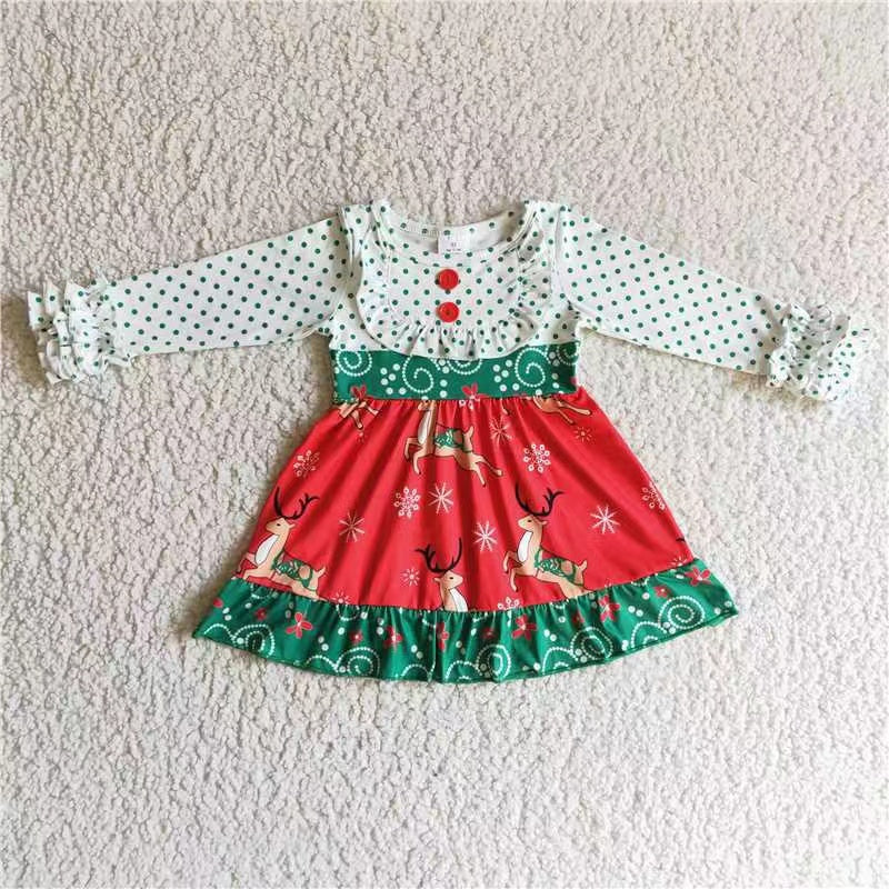 6 A26-14 Christmas ruffles deer dot red long sleeve dress RTS 20230724 RTS