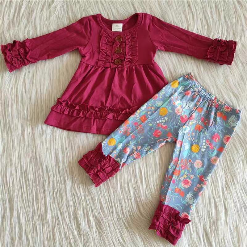 promotion 6 A26-16 girl letters stars ruffles red raglan long sleeve bell bottom outfit RTS