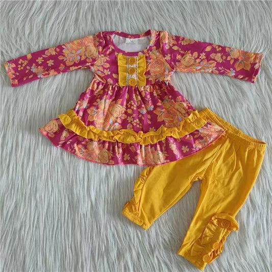 promotion 6 A27-13 girl Rose Red Flower Yellow Ruffle long sleeve pants girl outfit RTS