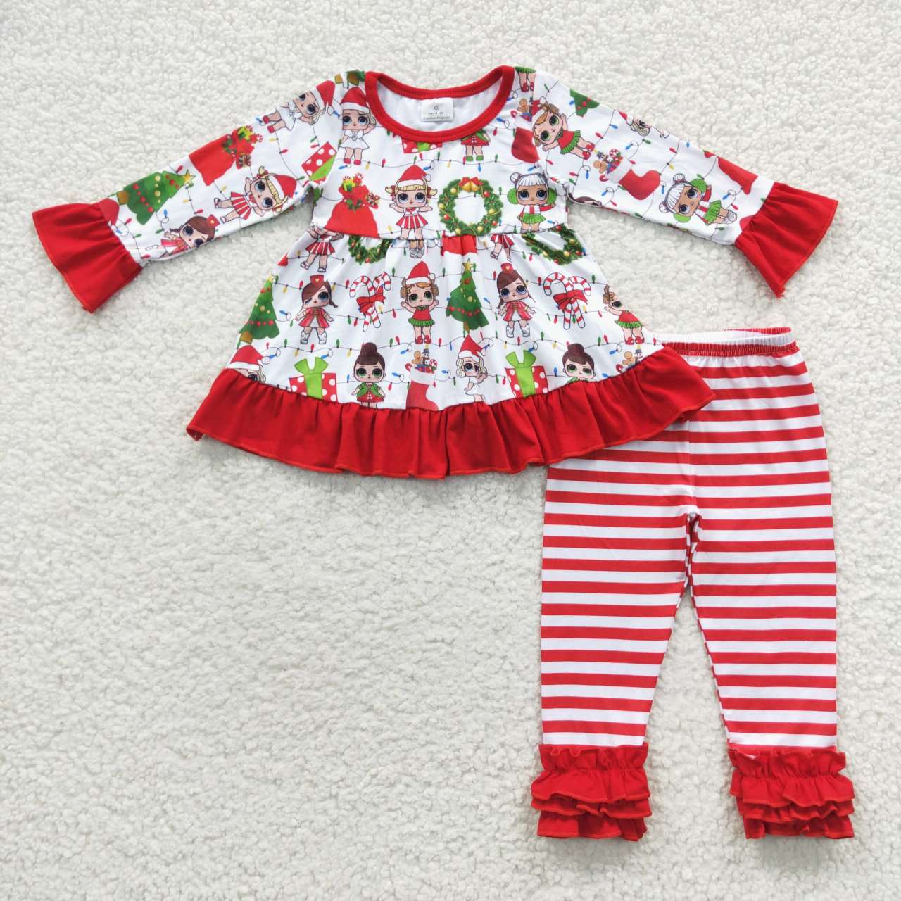 6 A27-1 Christmas girl cartoon big girl stripe lace long sleeve legging pants girl outfit 20230705 RTS