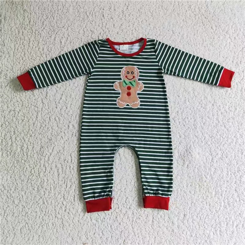 6A27-2 christmas boy gingerbread embroidery green stripe long sleeve romper RTS 20230727