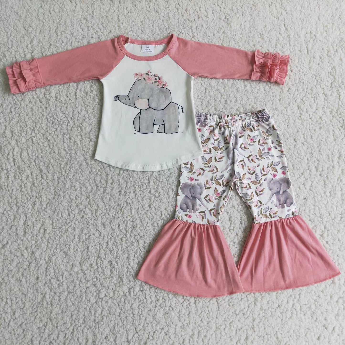 Promotion 6 A28-18 pink long sleeve elephont top bell bottom pants girl outfit 20230630