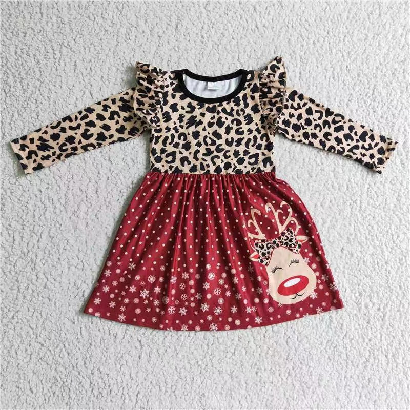 6A29-12 Christmas leopard deer red dot long sleeve girl dress RTS 20230623