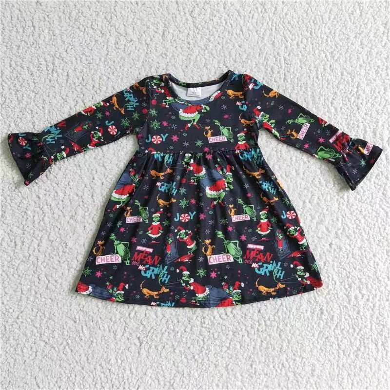 Promotion 6 A29-13 christmas black green cartoon long sleeve GIRL dress RTS 20230622