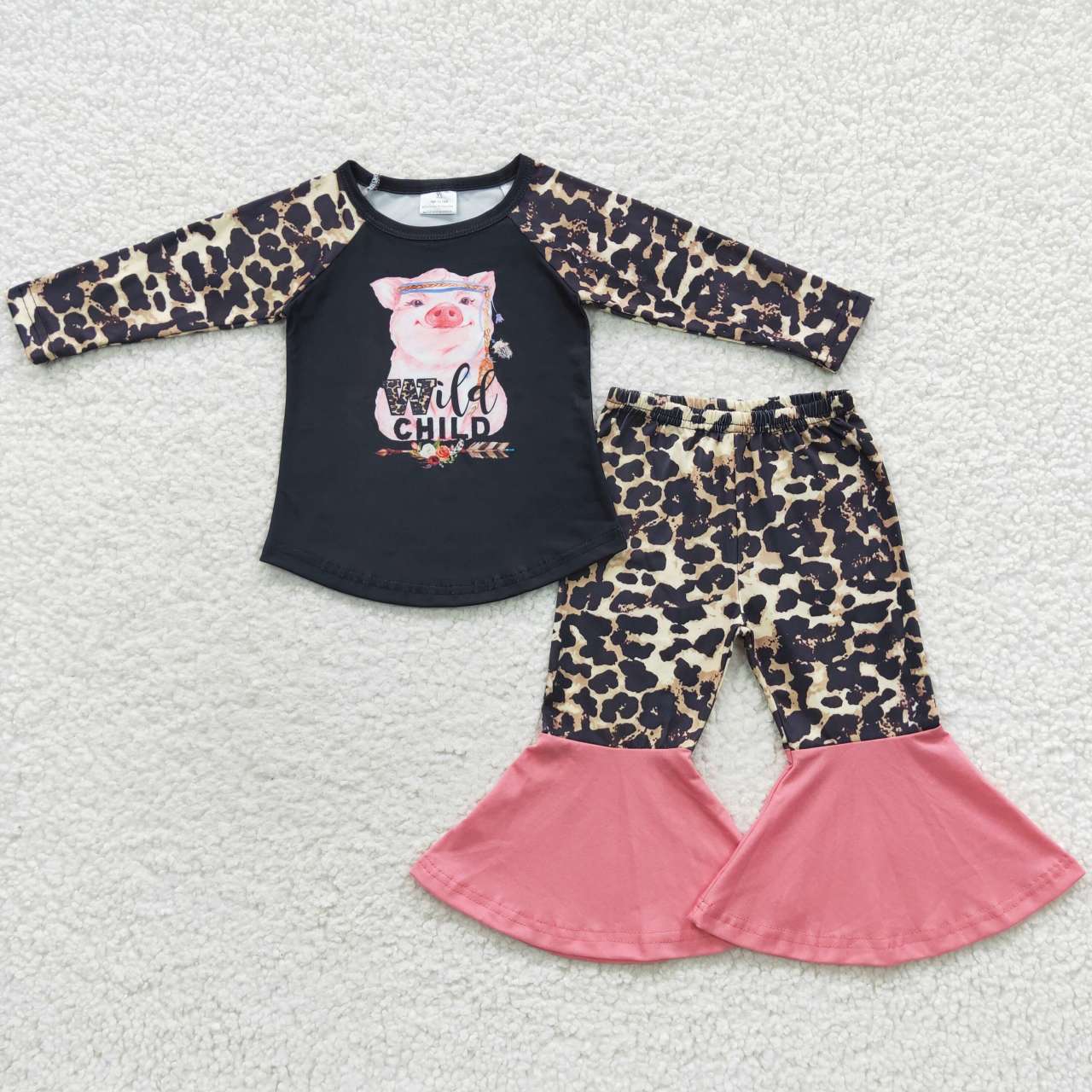 promotion 6 A29-1 girl pig leopard print raglan long sleeve bell bottom pants girl outfit RTS