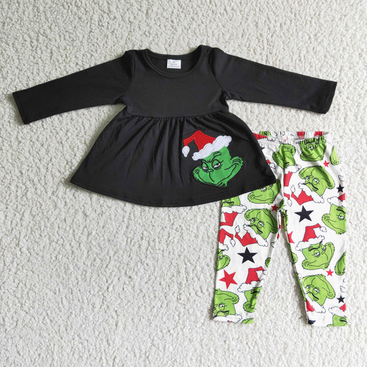 6A3-13 RTS Embroidery Christmas black cartoon tunic long sleeve green legging pants girl outfit 20230628 RTS