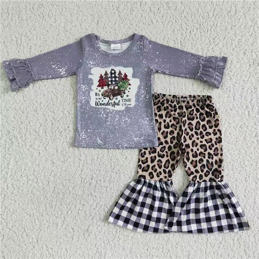 6A3-5 RTS  Christmas tree girl black raglan white leopard plaid long sleeve bell bottom pants girl outfit 20230527 RTS