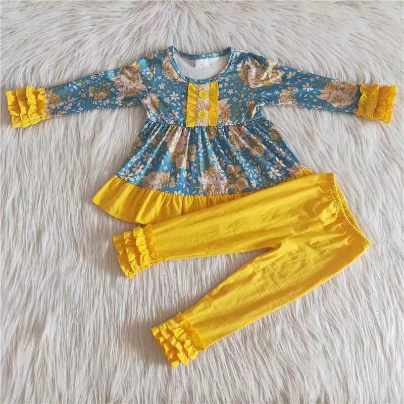 promotion 6 A33-17 girl Blue Flower long sleeve Yellow Ruffle pants girl outfit RTS