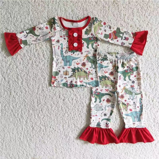 6 A4-30 girl dinosaurs cartoon button long sleeve pajamas christmas outfit 20230720 RTS
