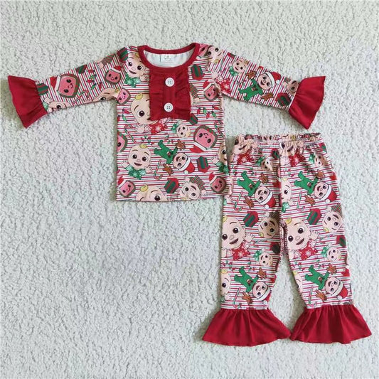 promotion 6 A6-29 christmas coco girl red stripe watermelon long sleeve pajamas girl outfit 202408 RTS