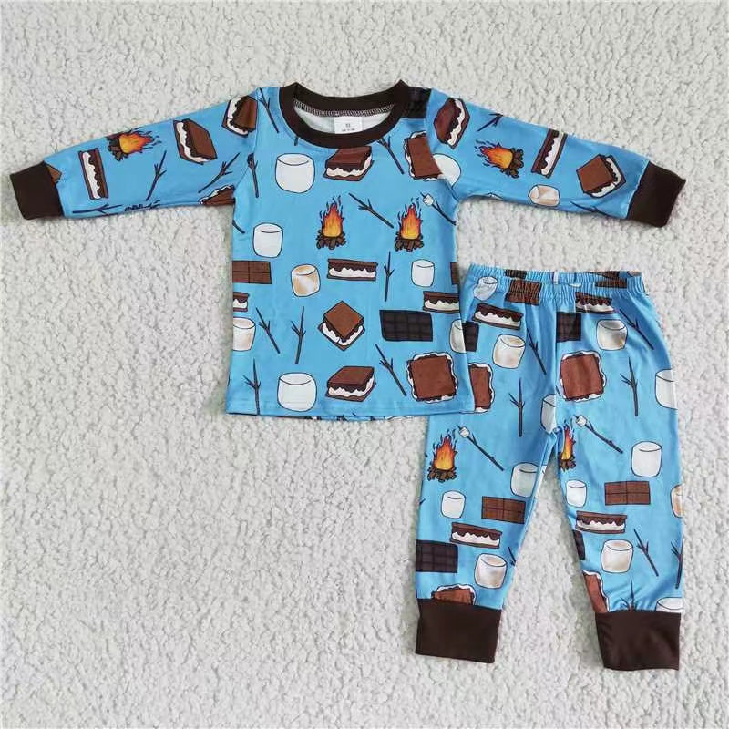 promotion 6A6-3 RTS 0531 Blue smores food fire cake chocolate milk boy long sleeve boy pajamas outfit