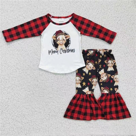 promotion 6A7-11 COW Christmas red plaid long sleeve girl outfit  RTS 20230527