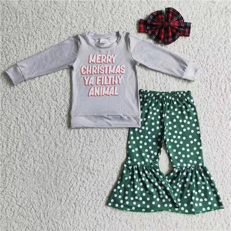 6 A7-16 RTS Christmas long sleeve green dots bell bottom pants girl outfit 3pcs