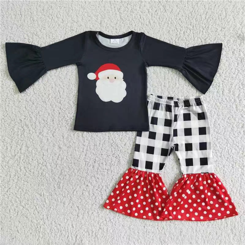 Promotion 6 A8-14 Christmas santa black plaid dot long sleeve bell bottom pant girl outfit 20230530