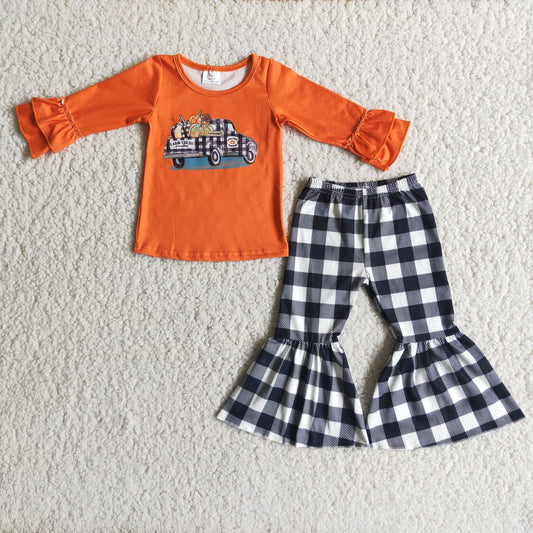 6A8-29 RTS long sleeve halloween orange pumkin black plaid pant girl outfit 20230505