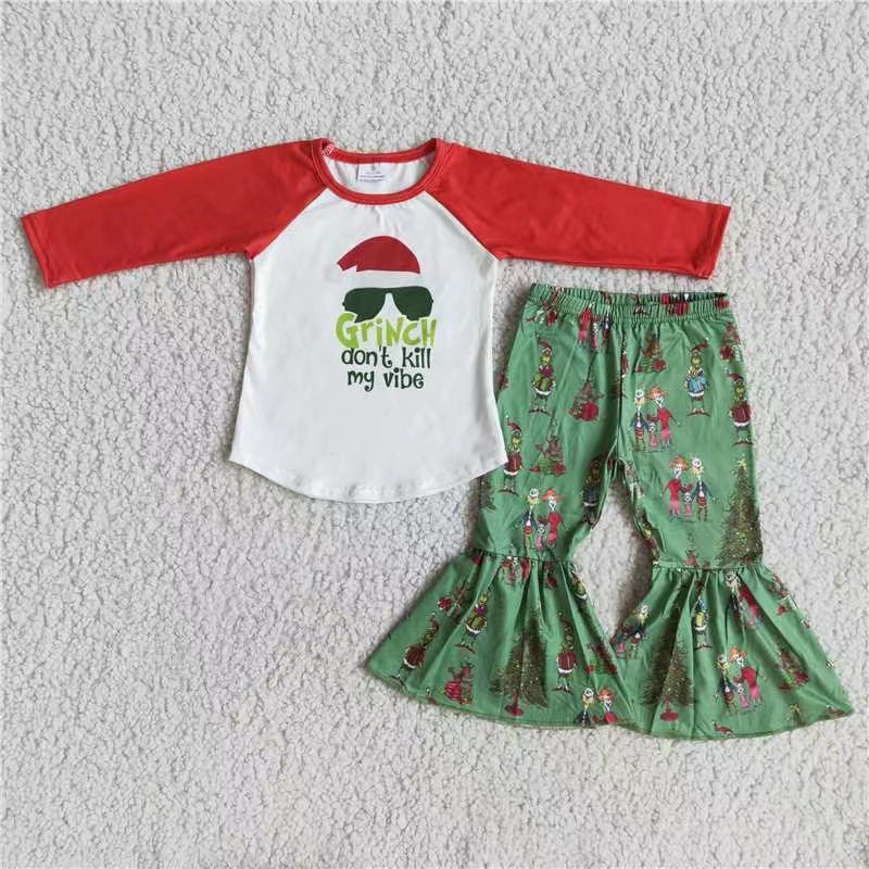 6 A9-20 Christmas red raglan green cartoon white long sleeve bell bottom girl outfit 20230613 RTS