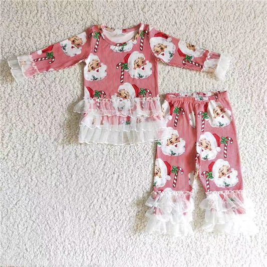 6 B12-18 Christmas santa lace ruffle long sleeve pants girl outfit 20230630 RTS