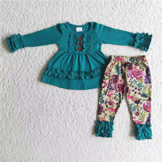 promotion  flower green long sleeve girl outfit 6 B12-20