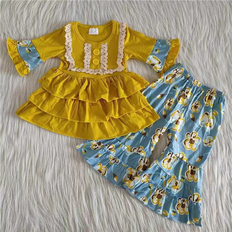 Promotion 202410 price 6 B12-36  western sunflower yellow ruffle girl outfit RTS