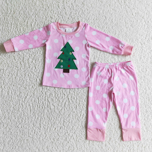 promotion Christmas tree pink white dot embroidery long sleeve  girl pajamas outfits