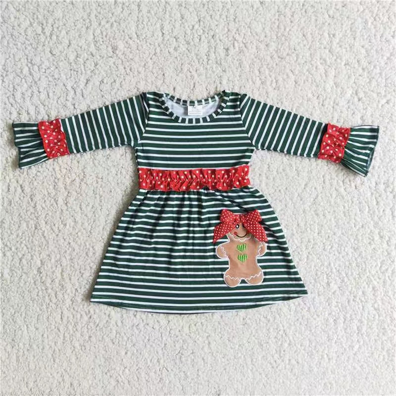 6 B13-20 christmas gingerbread bow embroidery stripe long sleeve girl dress 20230724 RTS