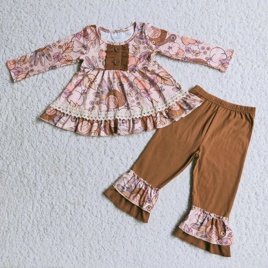 6 B2-38 Thanksgiving turkey Floral Tunic lace long sleeve long pants Girl outfit 20230429 RTS