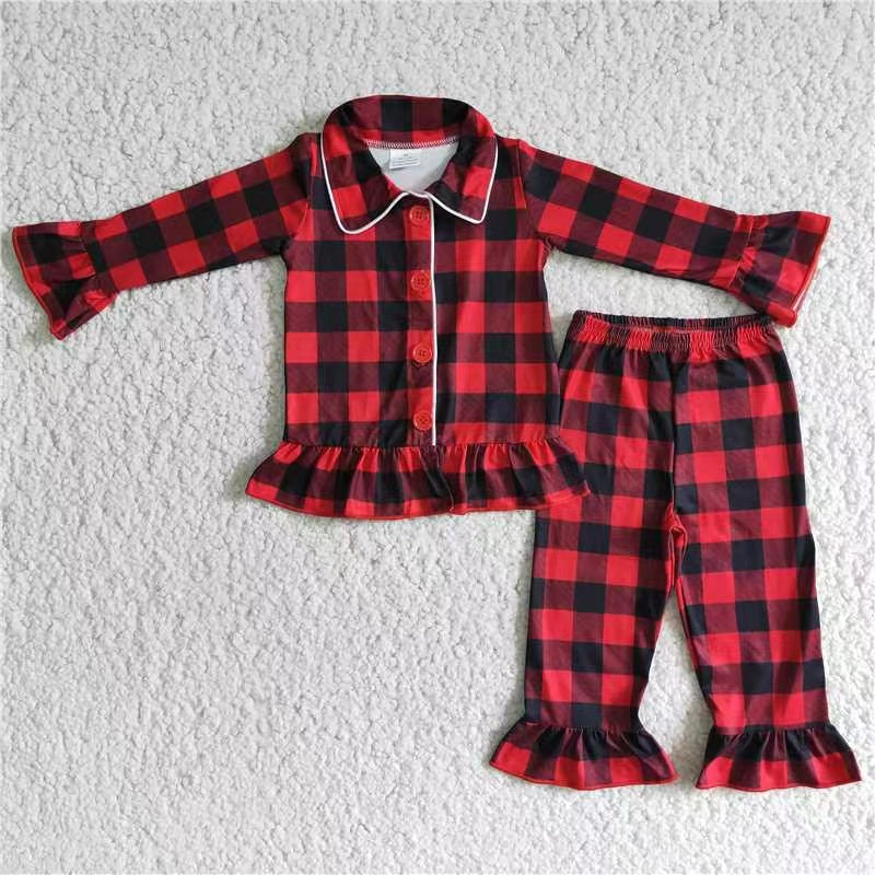 6 B2-39 button red plaid collar girl long sleeve pajamas outfits 20231121 RTS