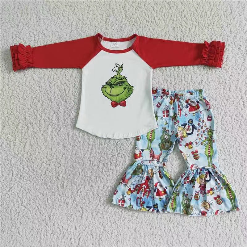 promotion 6 B4-17 RTS Christmas girl green cartoon red white raglan long sleeve bell bottom pants girl outfit 20230630 RTS