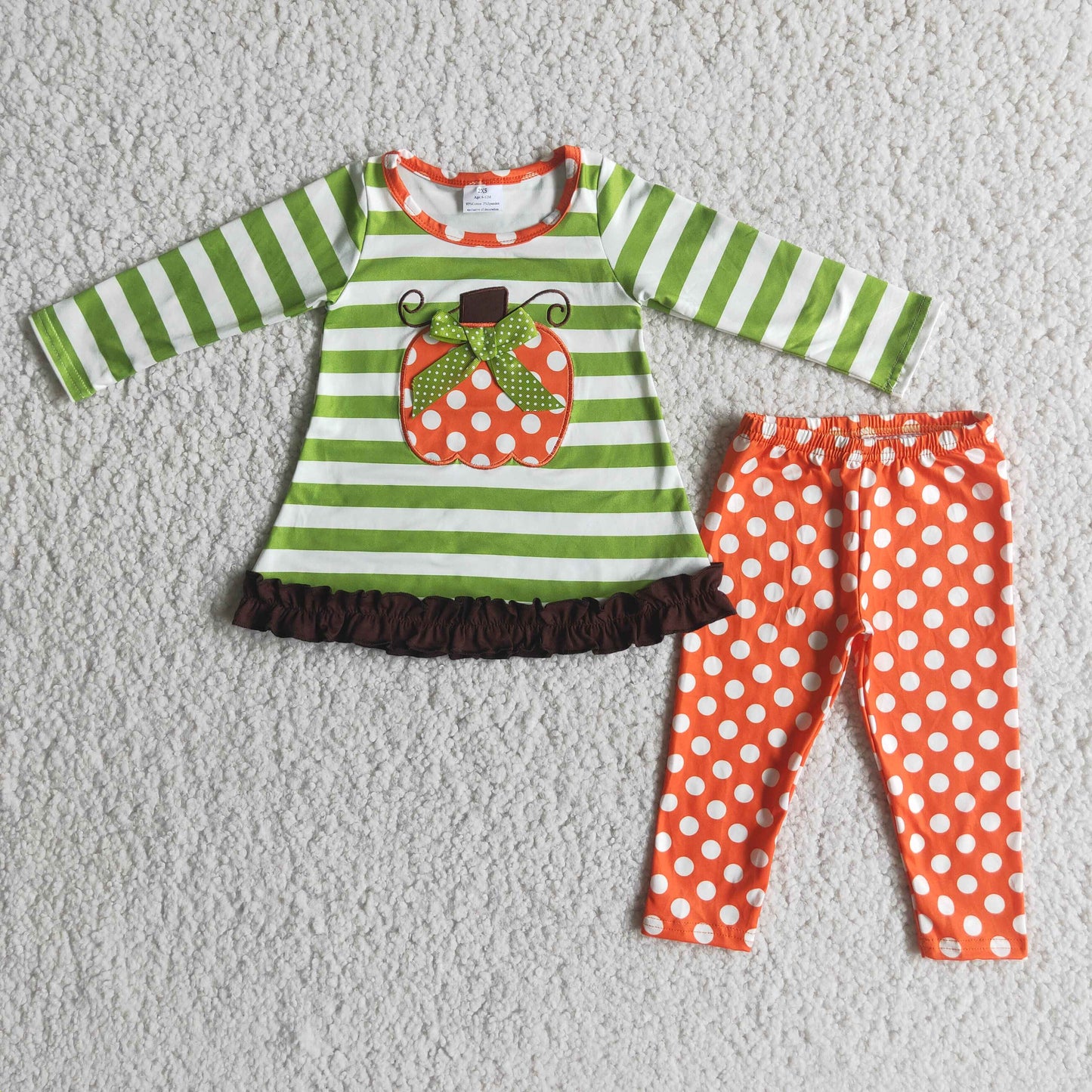 Promotion  6 B4-3 western embroidered halloween pumpkin green stripe orange dots long sleeve kids girl outfit  20231003 RTS