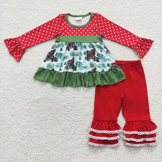 6 B5-16 Christmas girl tree car dot red lace long sleeve pants outfit 20230724 RTS