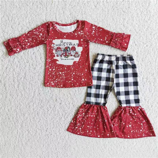 6 B5-17 Christmas girl satan print red plaid dot long sleeve bell bottom outfit 20230527 RTS