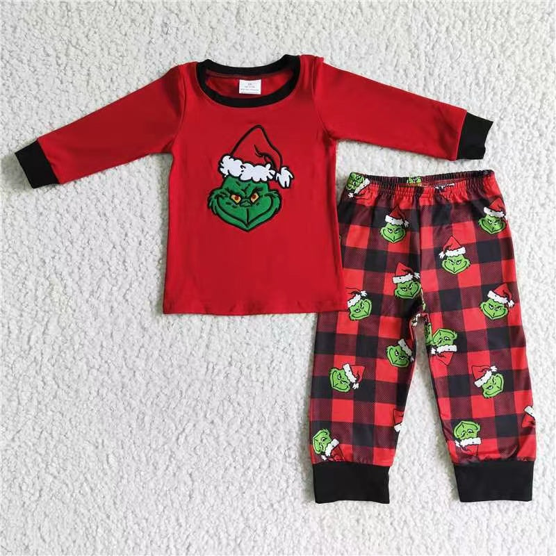 promotion 6 B9-38 Christmas boy red cartoon embroidery long sleeve plaid pants boy pajamas outfit 20230630 RTS