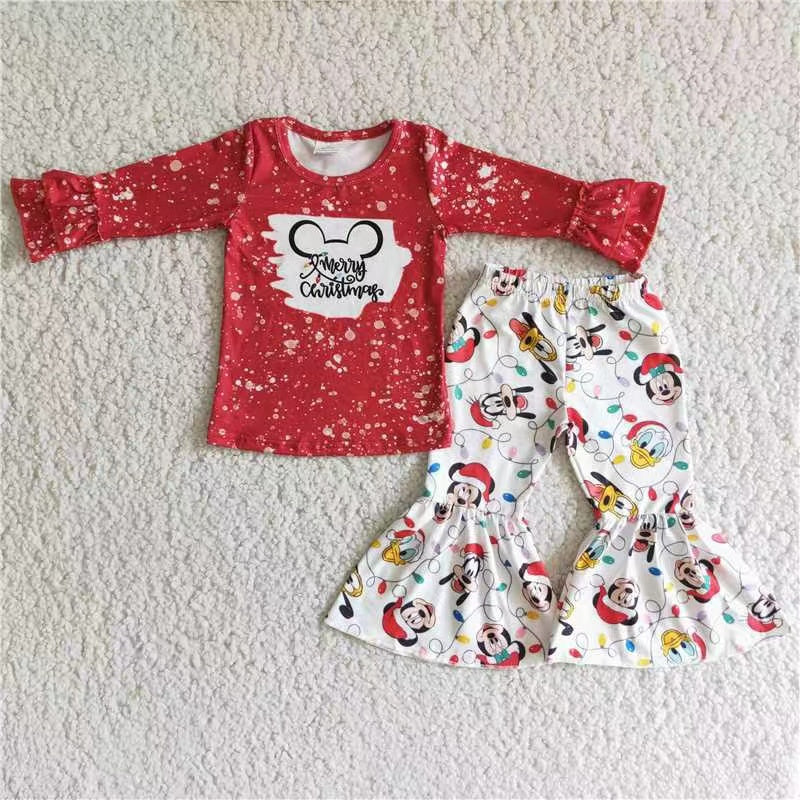 promotion 6 C11-4 RTS  christmas cartoon mouse red  long sleeve bell bottom girl outfit 20230524