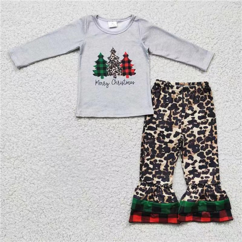 promotion 6 C6-38 RTS Christmas tree grey leopard long sleeve girl outfit 20230613