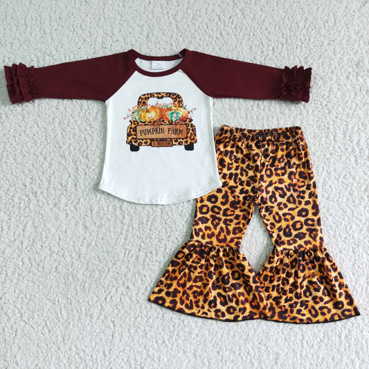 promotion RTS 6 C8-37  pumpkin car leopard brown long sleeve bell bottom pants girl outfit