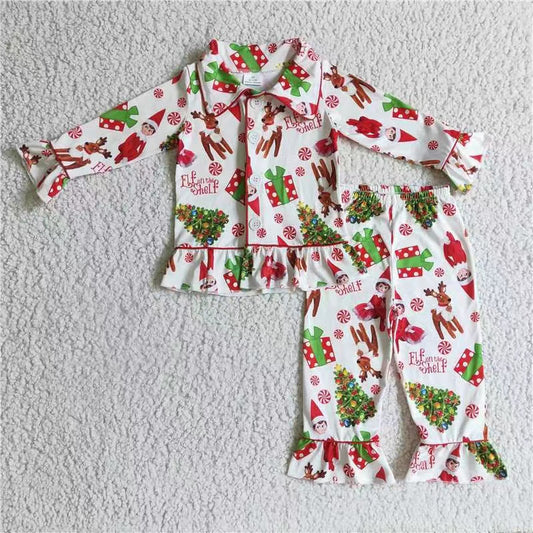 6 C8-38 Christmas girl button cartoon santa deer collar long sleeve pajamas girl outfit 20230606 RTS
