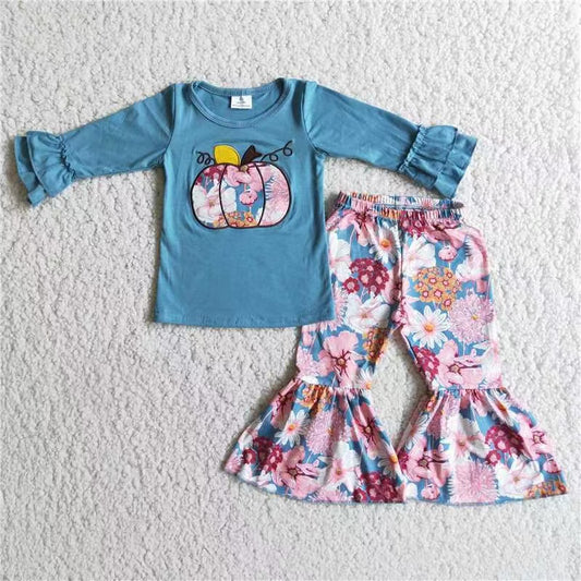 6 C8-39 embroidery long sleeve blue flower pumpkin bell bottom girl outfit halloween 20230425