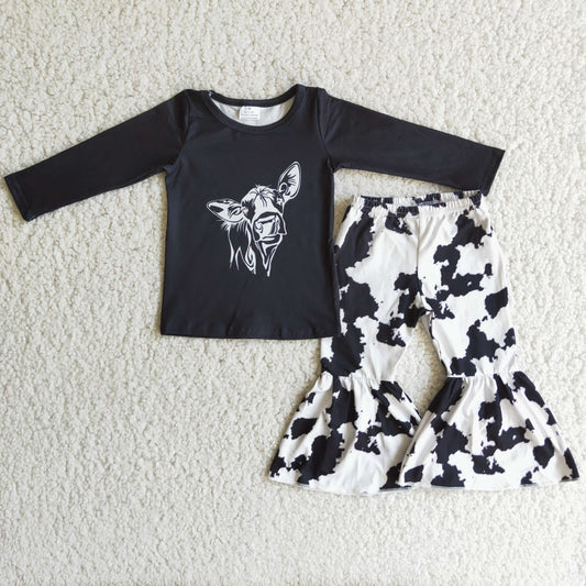 promotion RTS 6 C9-20 cow print long sleeve bell bottom pant girl outfit