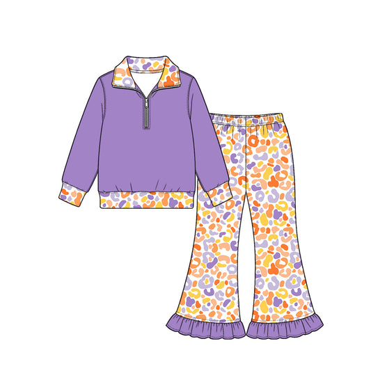 Preorder (moq 5) Baby Girl Clothes Colorful Pastel Leopard Print Long Sleeve Half Zip Top Ruffle Flare Pant Set
