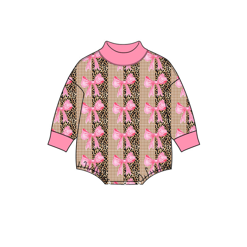 Preorder (moq 5) Baby Girl Clothes Leopard Gingham Pink Bow Mixed Print Long Sleeve Mock Neck Bodysuit