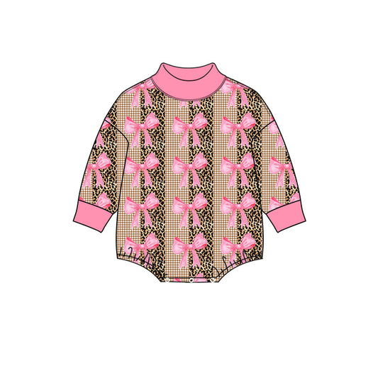 Preorder (moq 5) Baby Girl Clothes Leopard Gingham Pink Bow Mixed Print Long Sleeve Mock Neck Bodysuit
