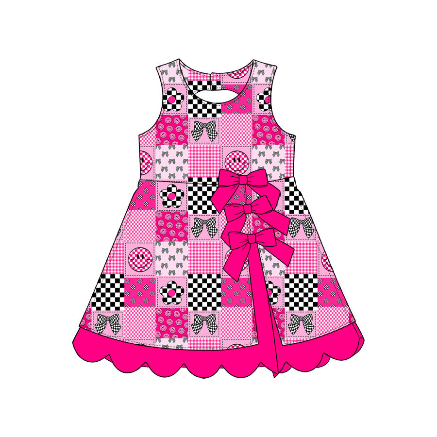 Preorder (moq 5) Baby Girl Clothes Patchwork Bow Smiley Gingham Sleeveless Tank Dress