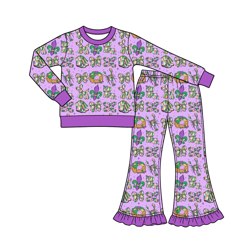 Preorder (moq 5) Baby Girl Clothes Mardi Gras Crawfish King Cake Fleur De Lis Mixed Print Long Sleeve Flare Pant Set