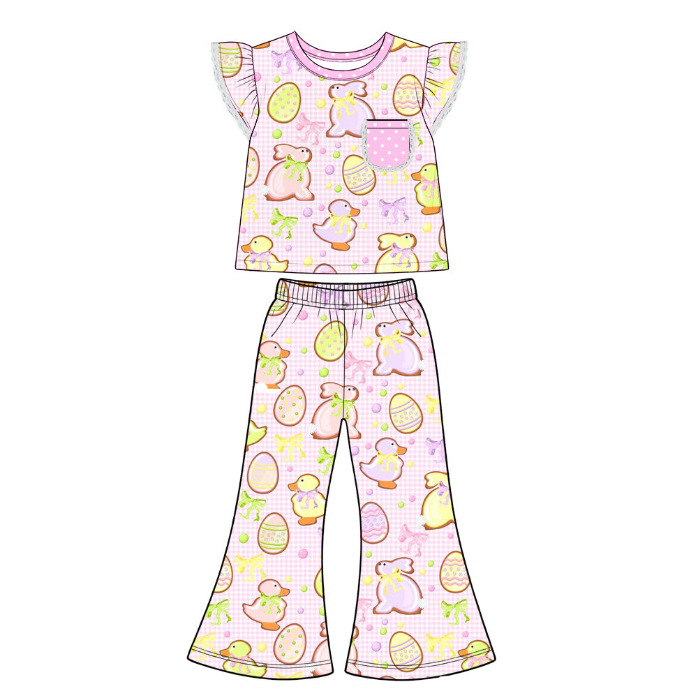 Preorder (moq 5) Baby Girl Clothes Easter Bunny Chick Egg Bow Gingham Mixed Print Short Sleeve Flutter Top Flare Pant Set