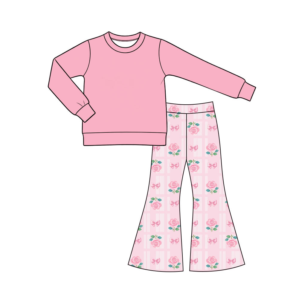 Preorder (moq 5) Baby Girl Clothes Pink Solid Top Rose Bow Plaid Print Long Sleeve Flare Pant Set