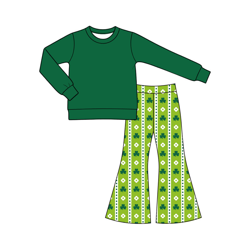 Preorder (moq 5) Baby Girl Clothes St Patricks Day Simple Clover Dot Stripe Print Long Sleeve Flare Pant Set